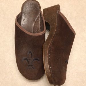 Brown suede clogs